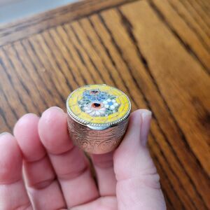 Vintage Micro Mosaic Floral Oval Gold Trinket Pill Box Mini Flowers Hinged Top